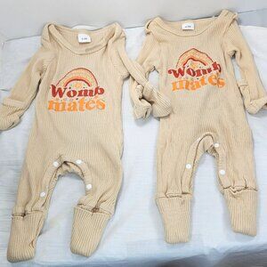 Two Newborn "Womb Mates" Tan Body Suit Set Baby Long Sleeve 0-3M
